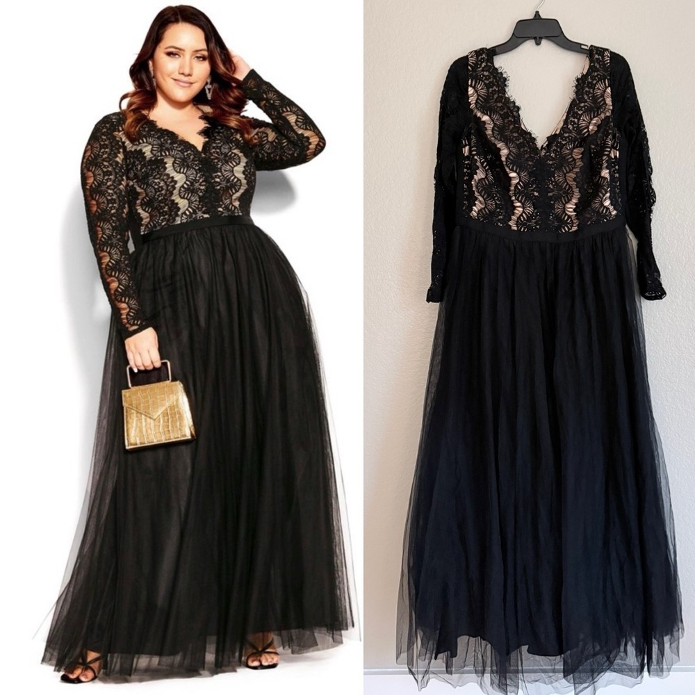 City Chic Plus Size Black Rare Beauty Lace Long Sleeve Dress Tulle